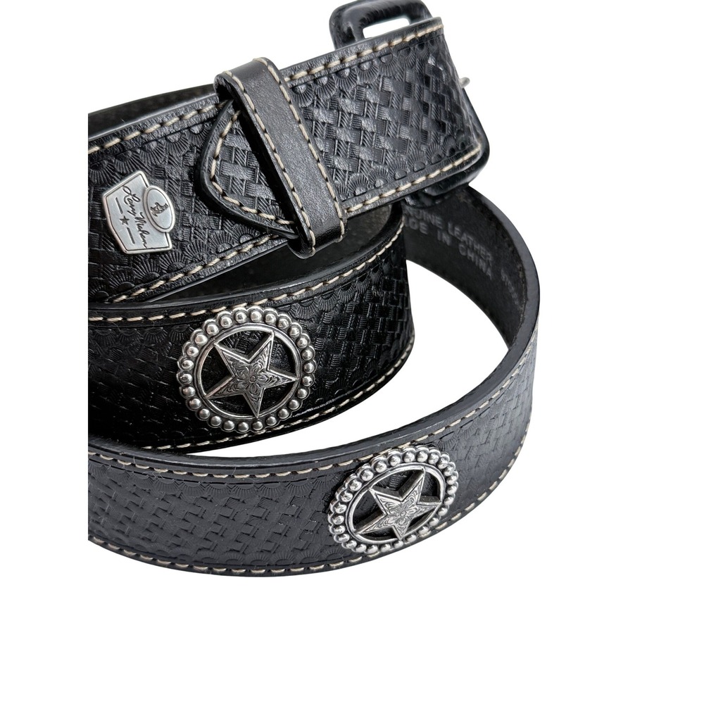 Larry Mahan Western Belt Mens 44 Black Leather Basketweave Star Conchos 9700601
